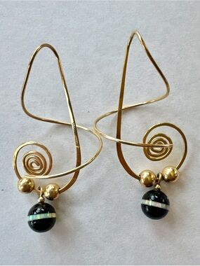 Gold Spiral Drop Earrings with Black Abalone Accent